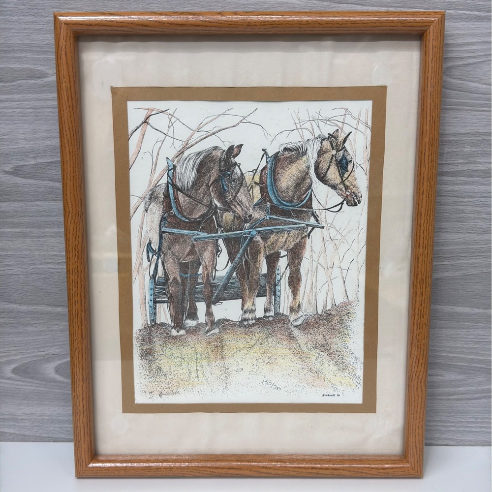 Nancy Bicknell 1981 Signed Etching Numbered 135/200 Draft Horse Team Framed Art